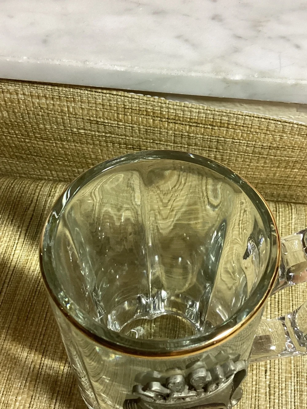 Clear Glass Golf-Themed Beer Stein with Gold Trim